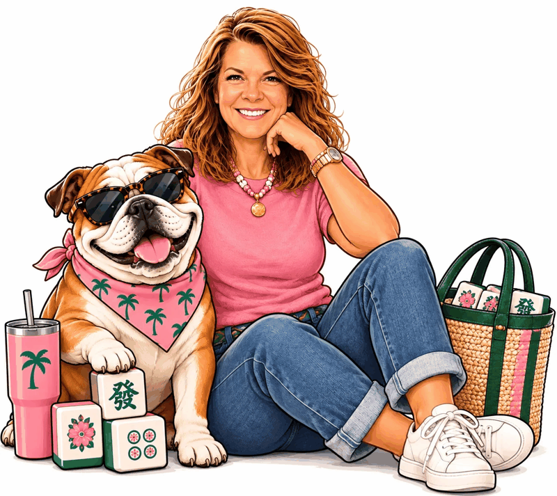 Illustration of Nicole sitting on the floor with a bulldog in sunglasses, mahjong tiles, a pink tumbler and a straw tote full of tiles.