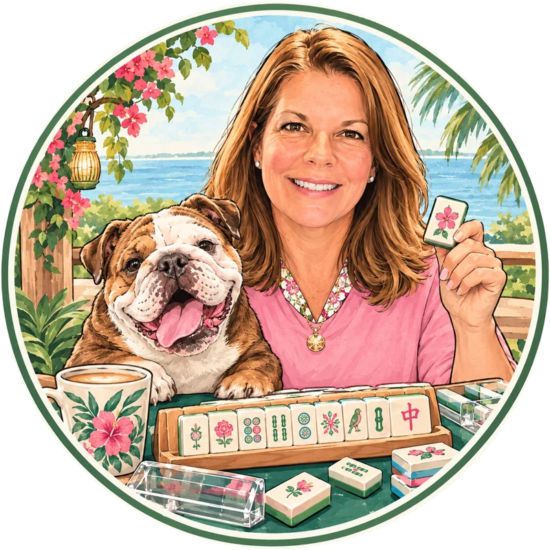Illustration of Nicole at a mahjong table by the water with her bulldog, holding up a Flower tile.