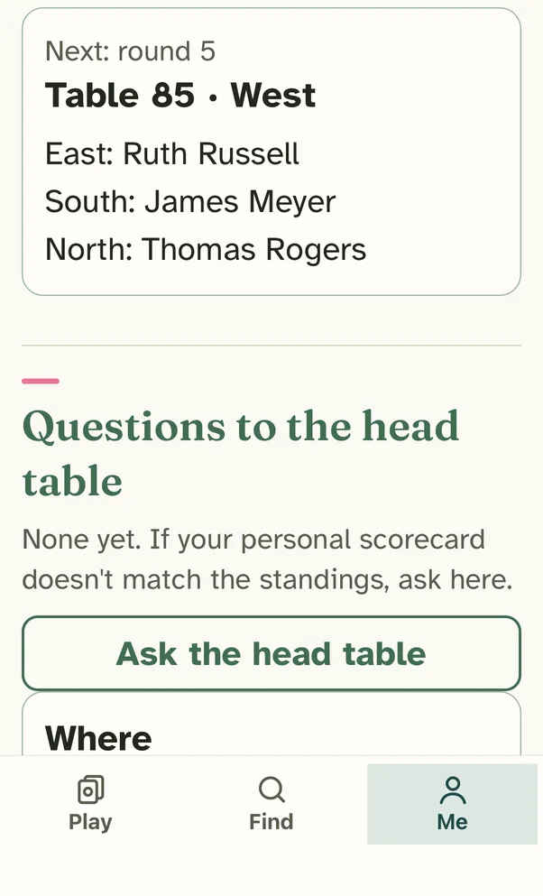 Phone showing the next round at Table 85, and a button to ask the head table a question