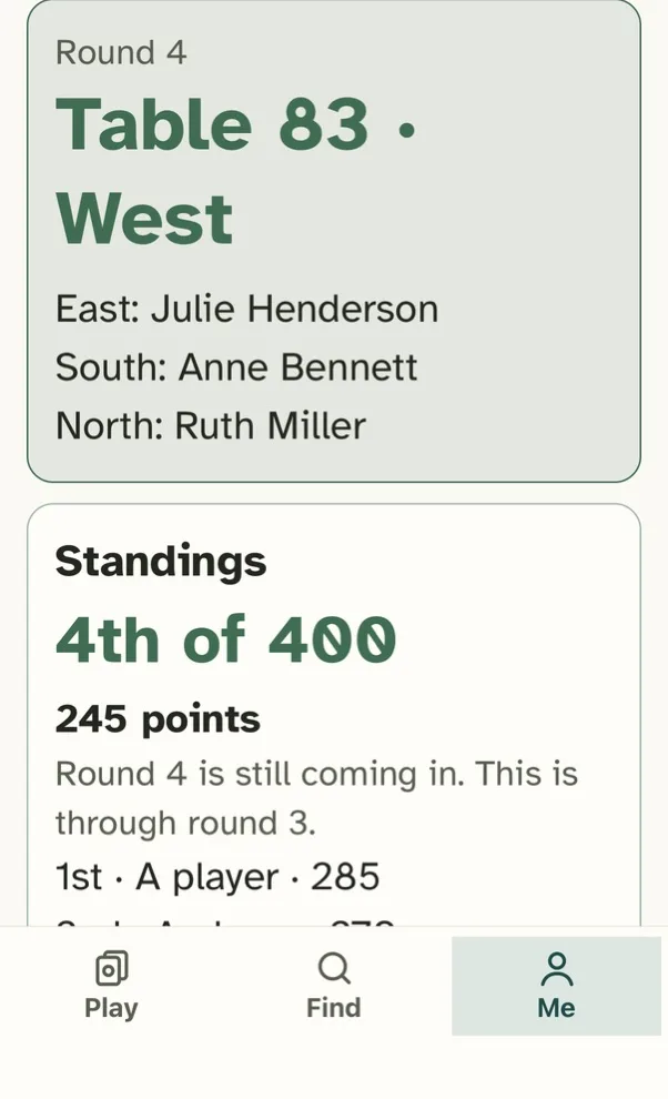Phone showing Round 4, Table 83, West, with the other three players at the table